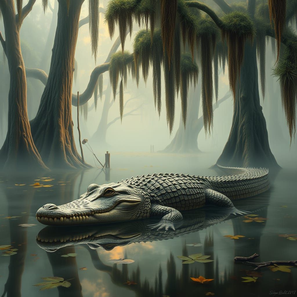 Alligator in Misty Wetlands, Art Style