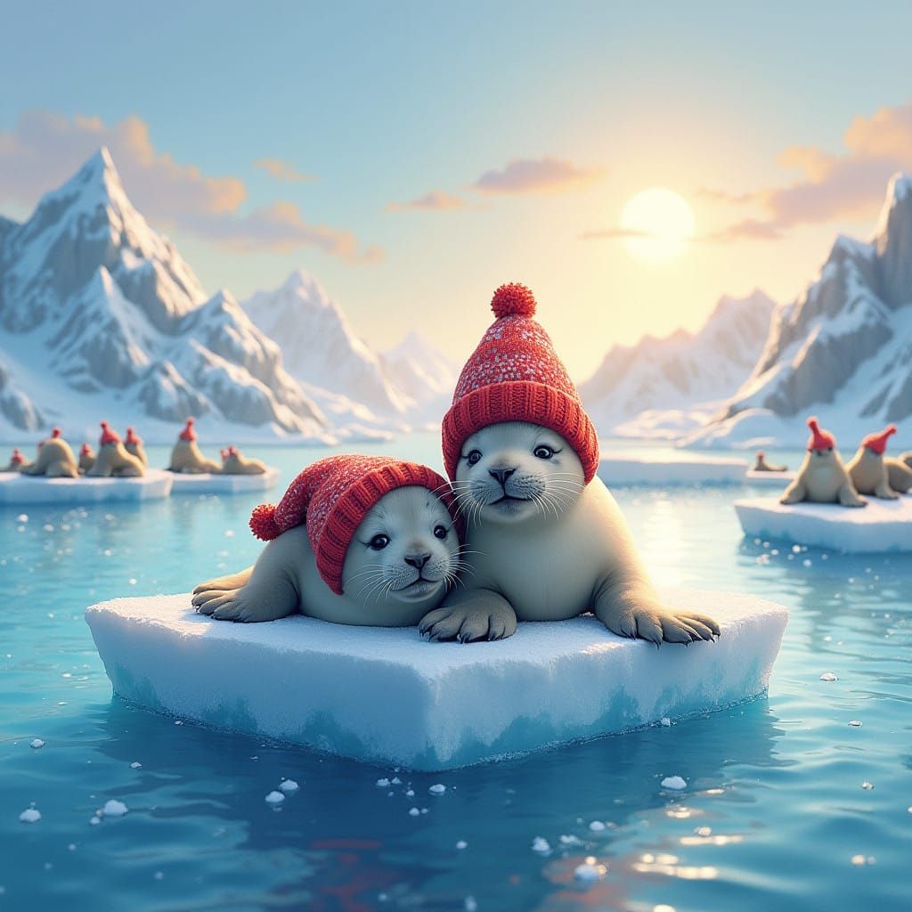 Serene Icy Landscape with Seal and Pup in Vibrant Knitted Ha...