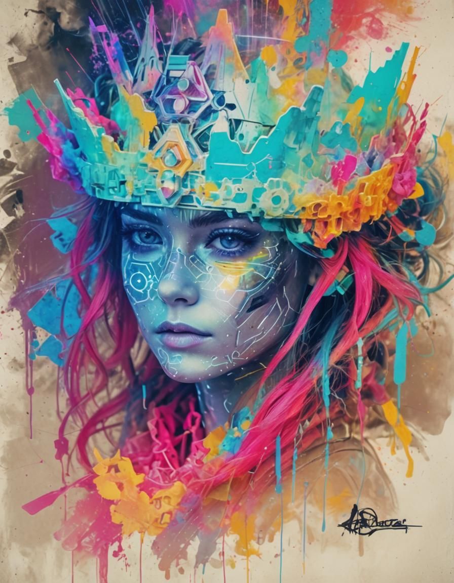 Cyborg Princess Crowned in Vaporwave Glitch Art
