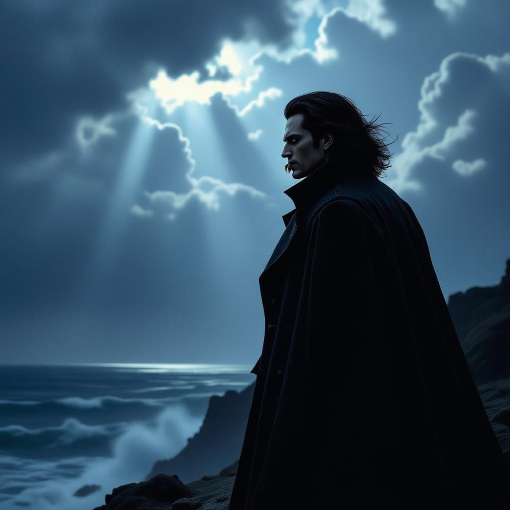 Brooding Vampire on Stormy Cliff Overlooking Sea