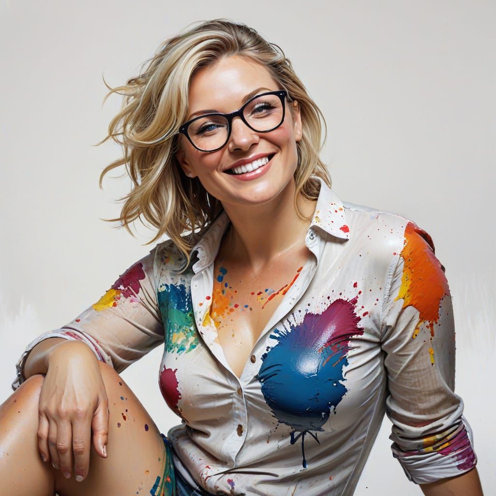 Playful Blonde Woman Covered in Paint, Oil Painting Style