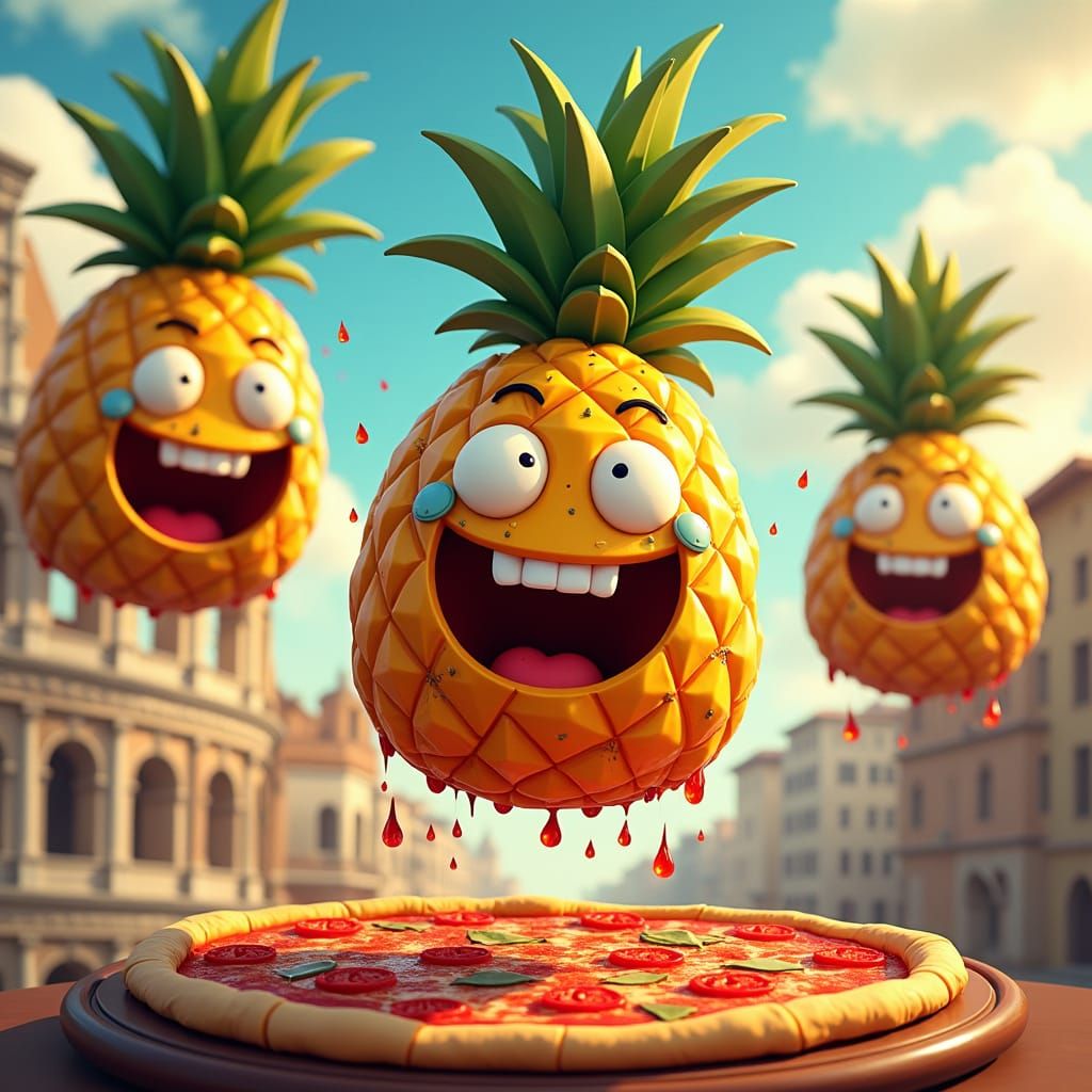 Cartoon Pineapples on Pizza in Italy, Comic Book Style