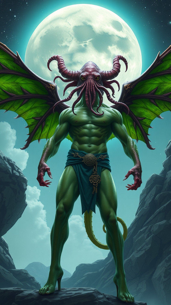 Muscular Squid Creature Under Crescent Moon in Fantasy Style