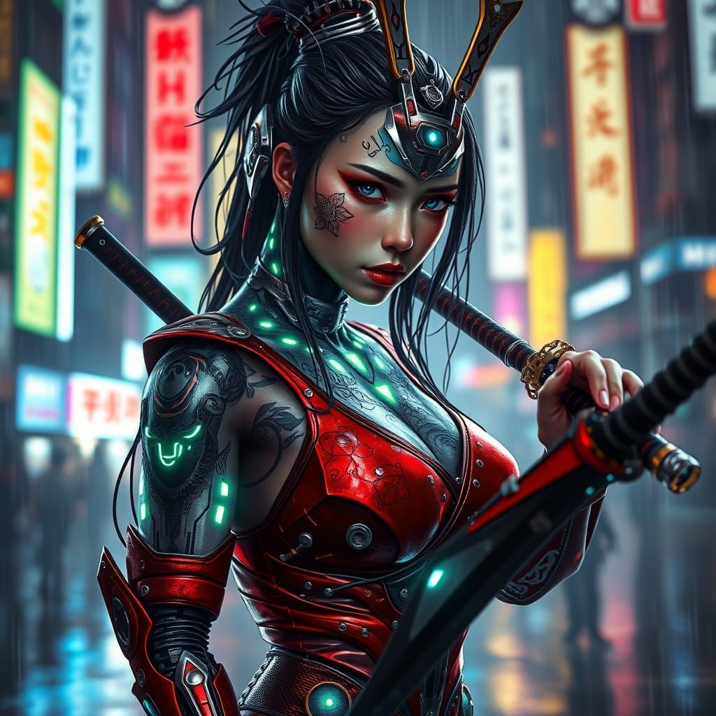 Android Samurai with Cybernetic Enhancements in Neon City