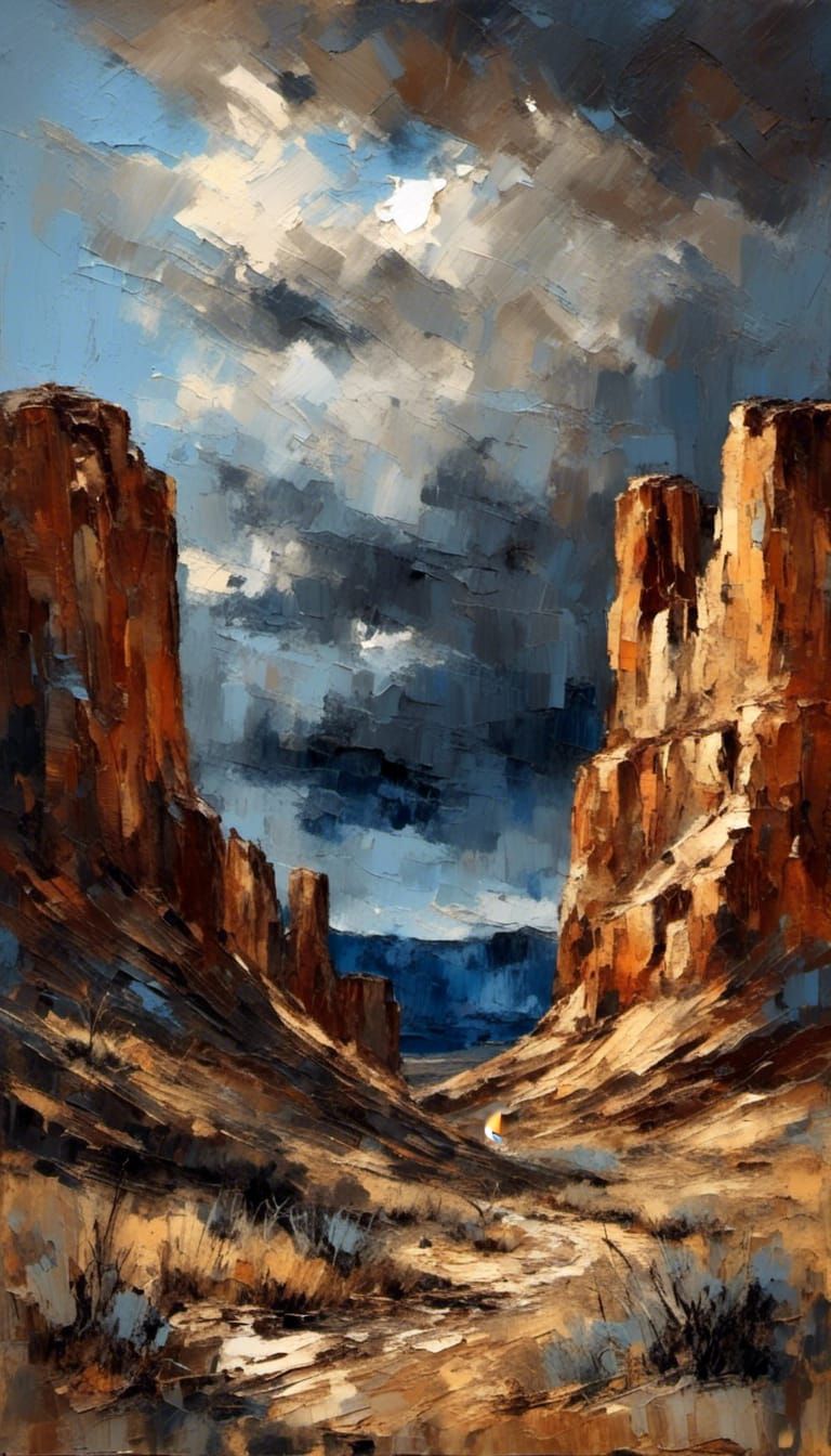 Western Buttes in Impasto Style Under Stormy Skies