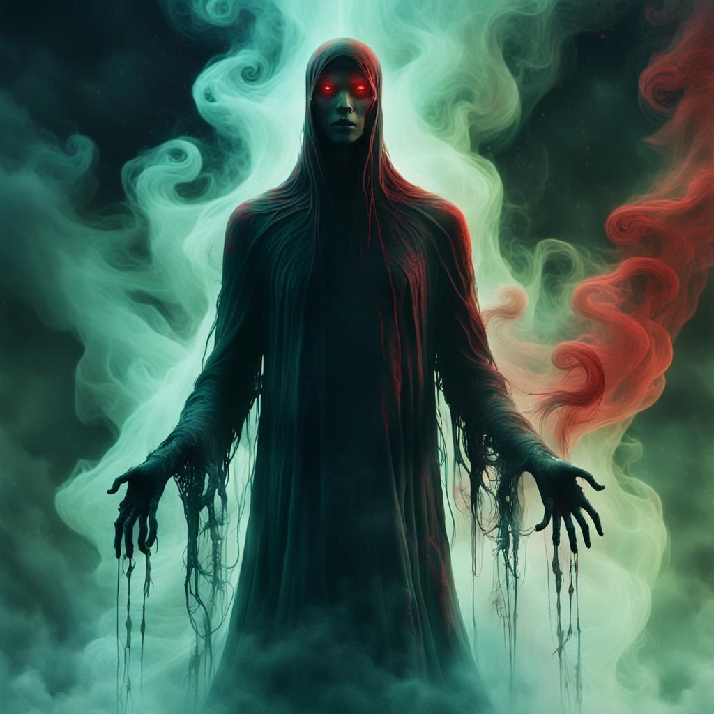 Ethereal Ghostly Figure in Crimson Mist