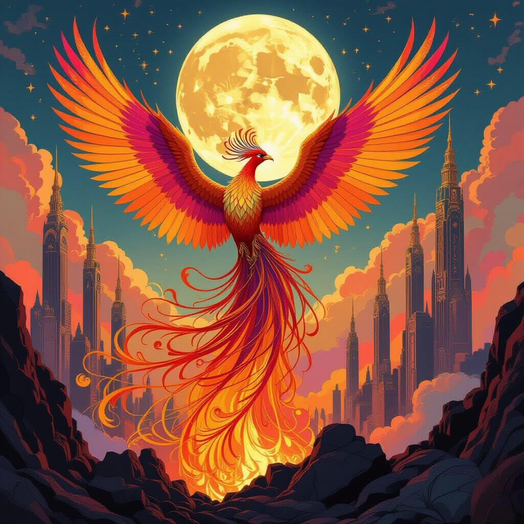 Phoenix Rises from Crystalline City Ashes in Sunset Hues