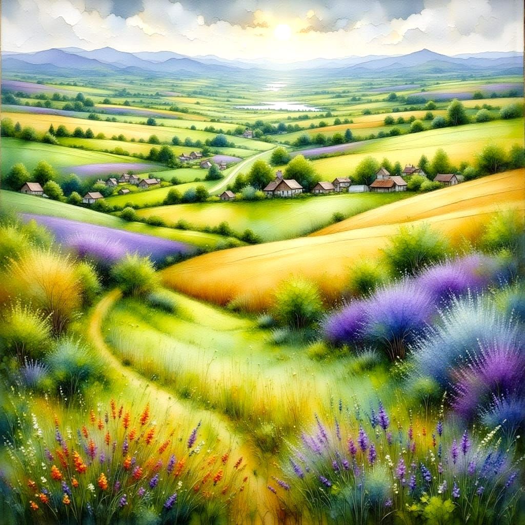 Impressionistic Aerial View of Colorful Patchwork Fields