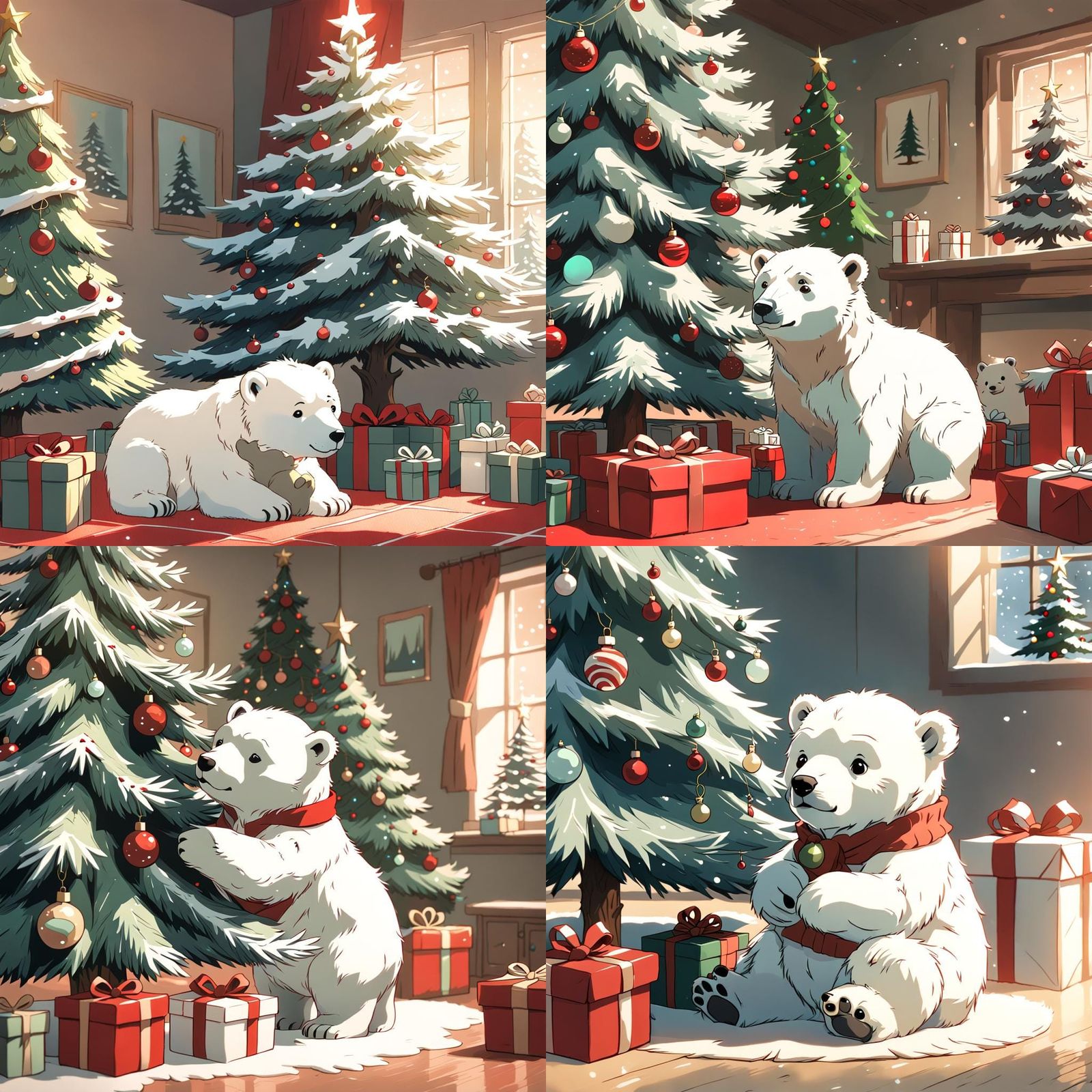 Baby Polar Bear Christmas in Studio Ghibli Anime Style