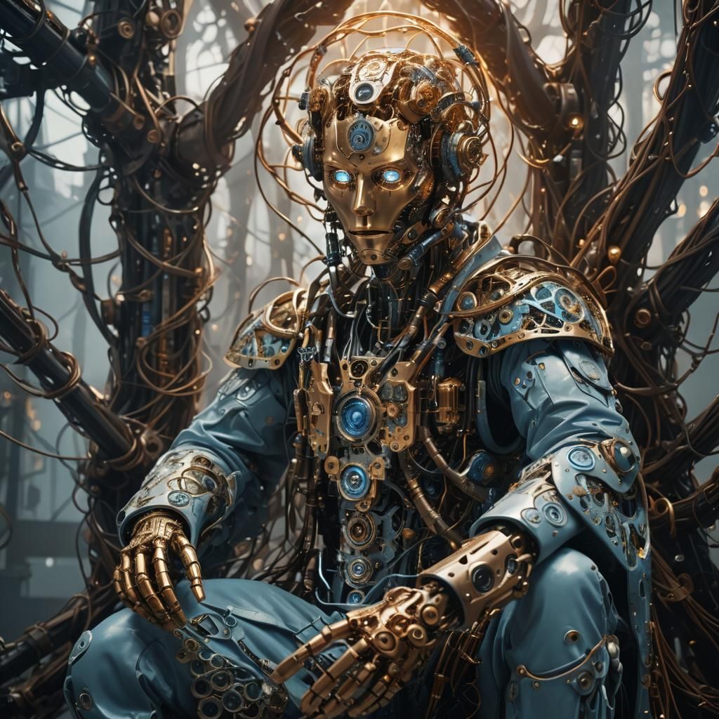 Robot in Surreal Sci-Fi Vortex with Copper Circuits