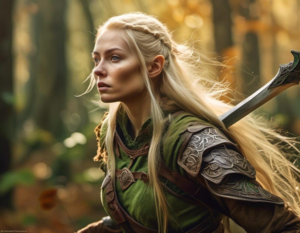 Hyperrealistic Elven Warrior Running in Autumn Forest