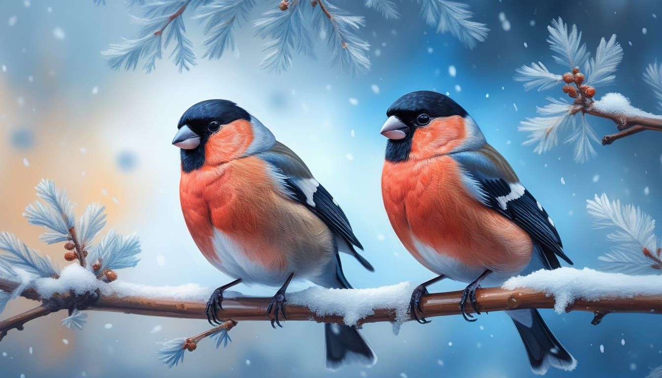 Bullfinch in Snowfall: Oil Painting Style Animal Portrait