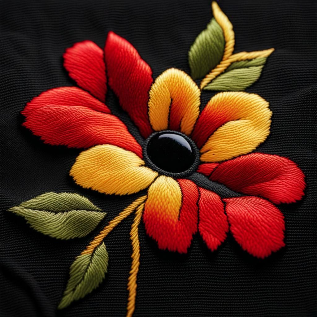 Embroidered Multicolored Flower on Black Glass