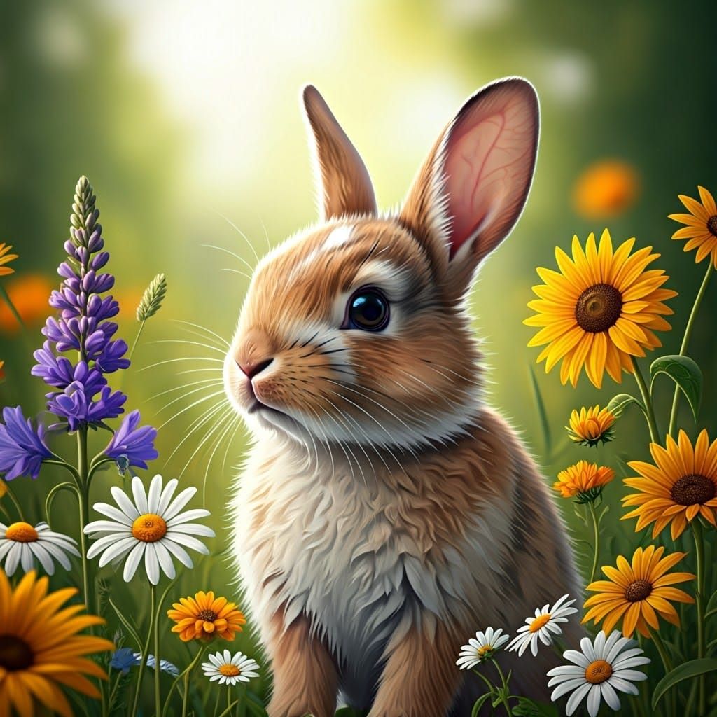 Whimsical Watercolor Rabbit in a Vibrant Wildflower Meadow
