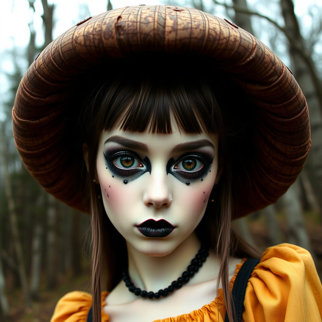 Gothic Woman with Exaggerated Features in Whimsical Forest