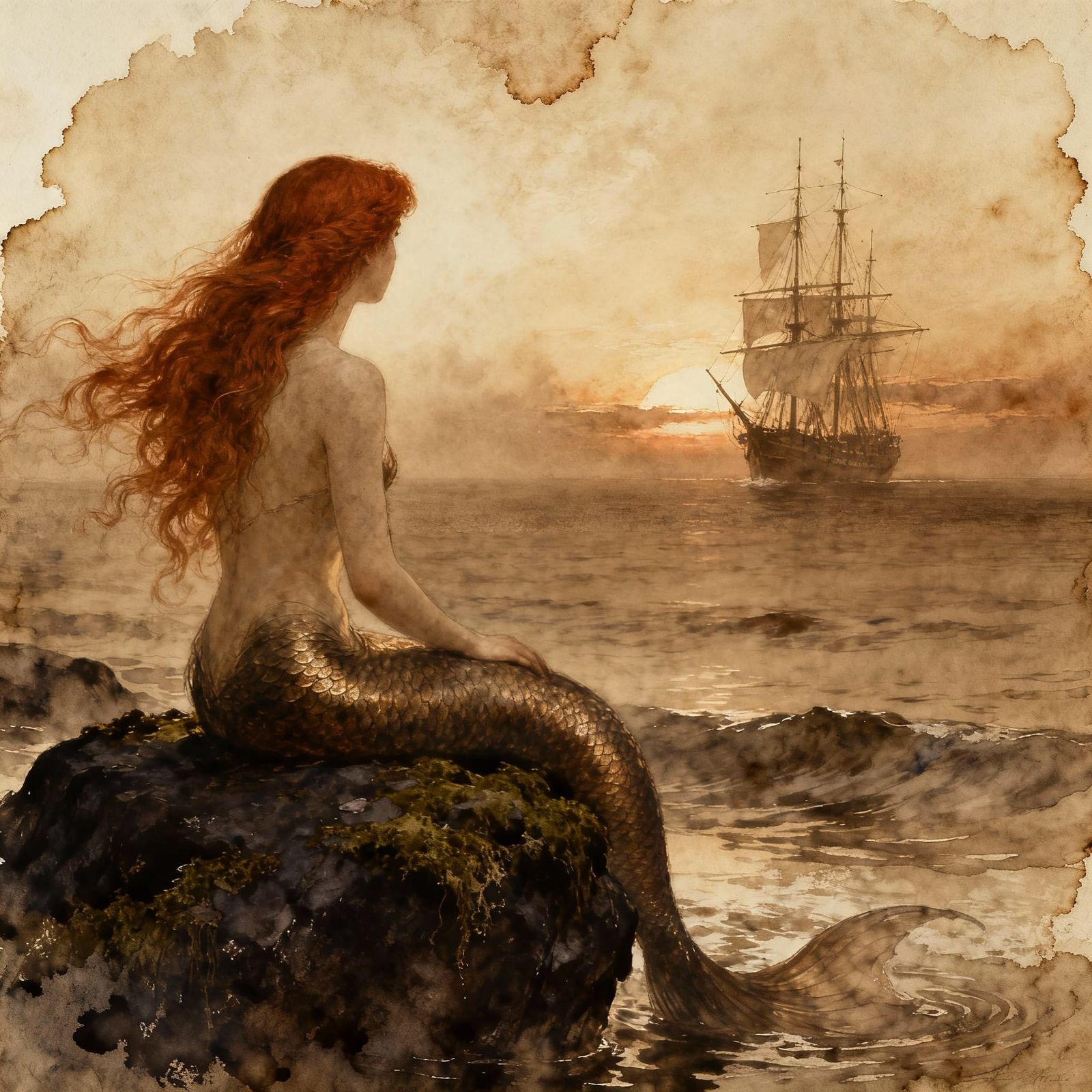 Mermaid Watches Ship Depart in Gothic Sepia Watercolor