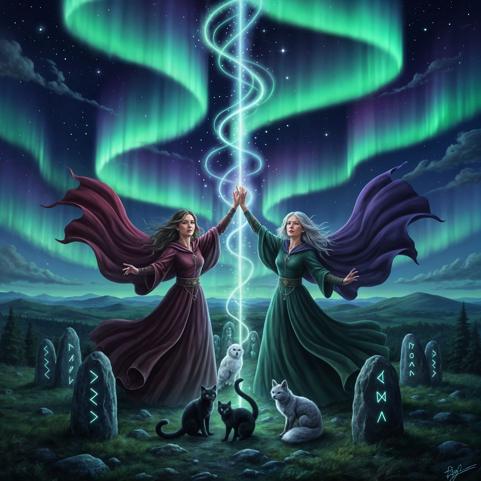 Witches Performing Spell Under Aurora Borealis Oil Painting
