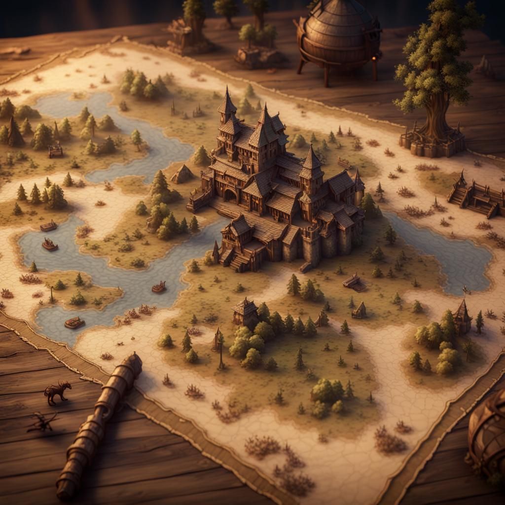 Detailed Fantasy Map on Parchment in 3D