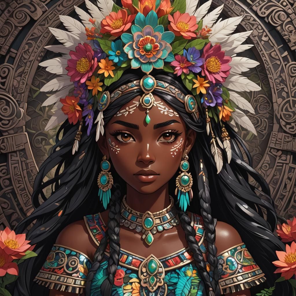 Anime Aztec Girl with Obsidian Sword, Studio Ghibli Style