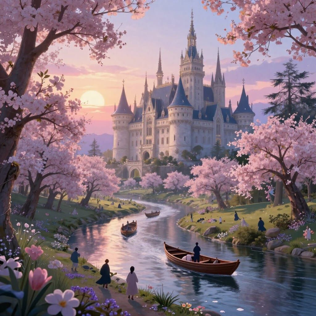 Enchanted Castle by River in Spring Forest