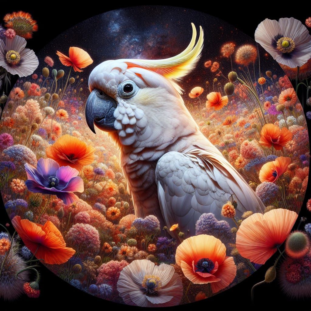 Cockatoo in Wildflower Field with Glamour Glow