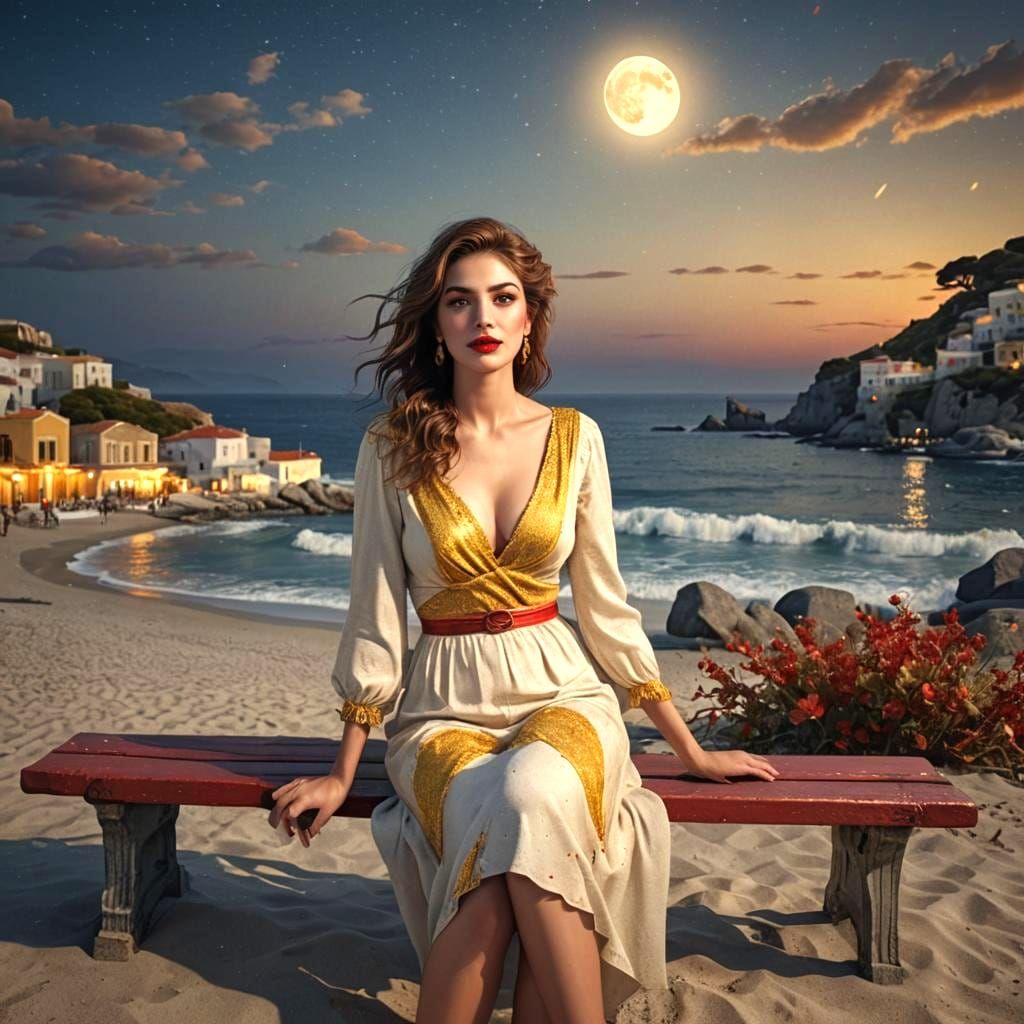 Greek Woman in Red and Yellow, Detailed Matte Painting