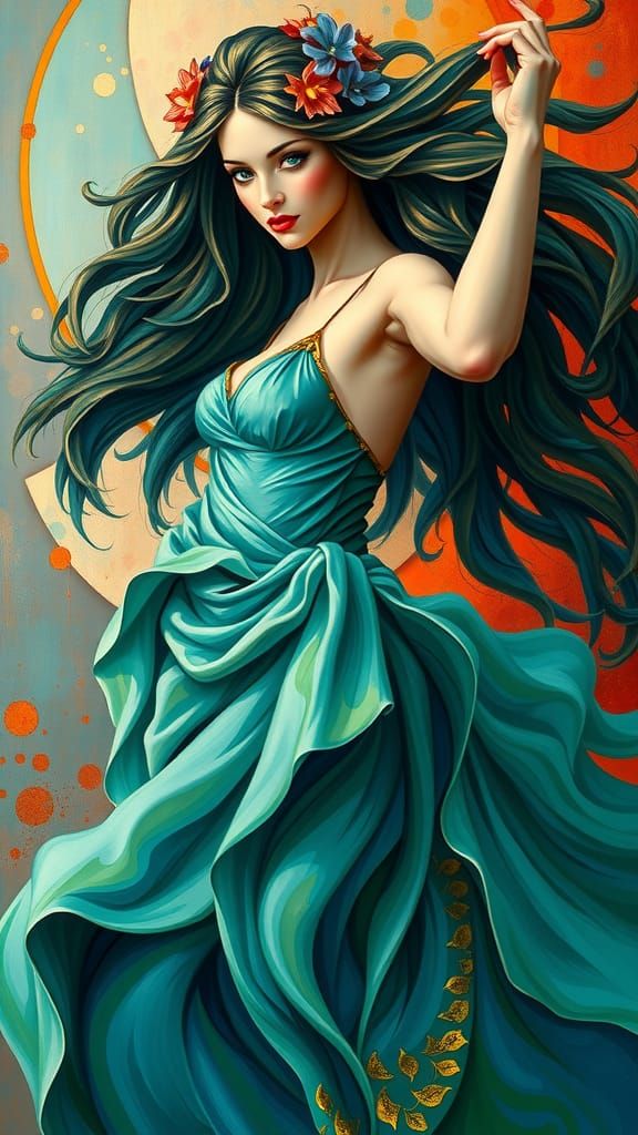 Goddess Dancing in Fauvist Style with Flowing Hair
