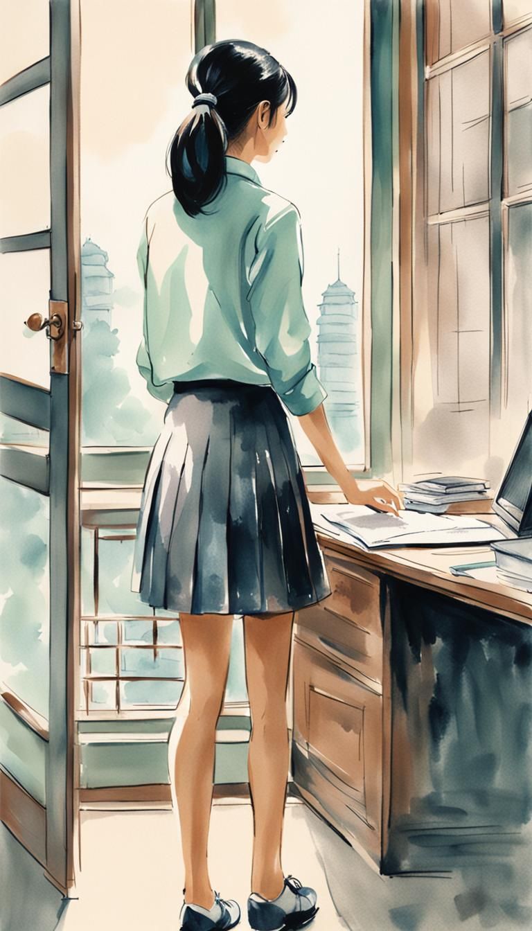 Asian Lady in Office, Ink Painting Style