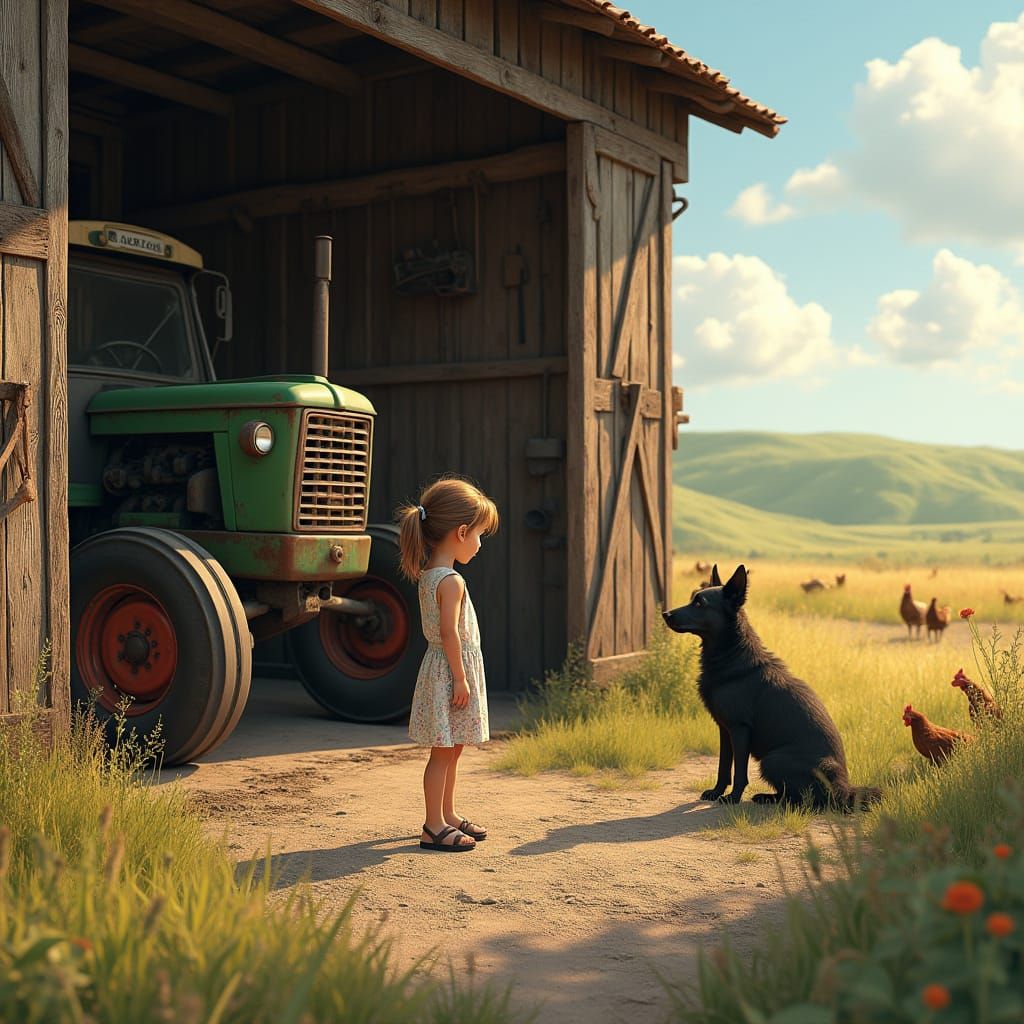 Girl and Dog Admire Tractor on Sunny Farm