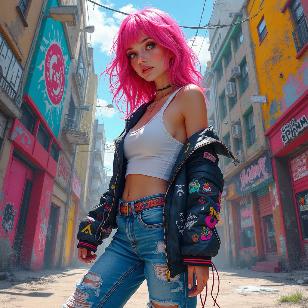 Trendy Woman Posing in Graffiti Cityscape