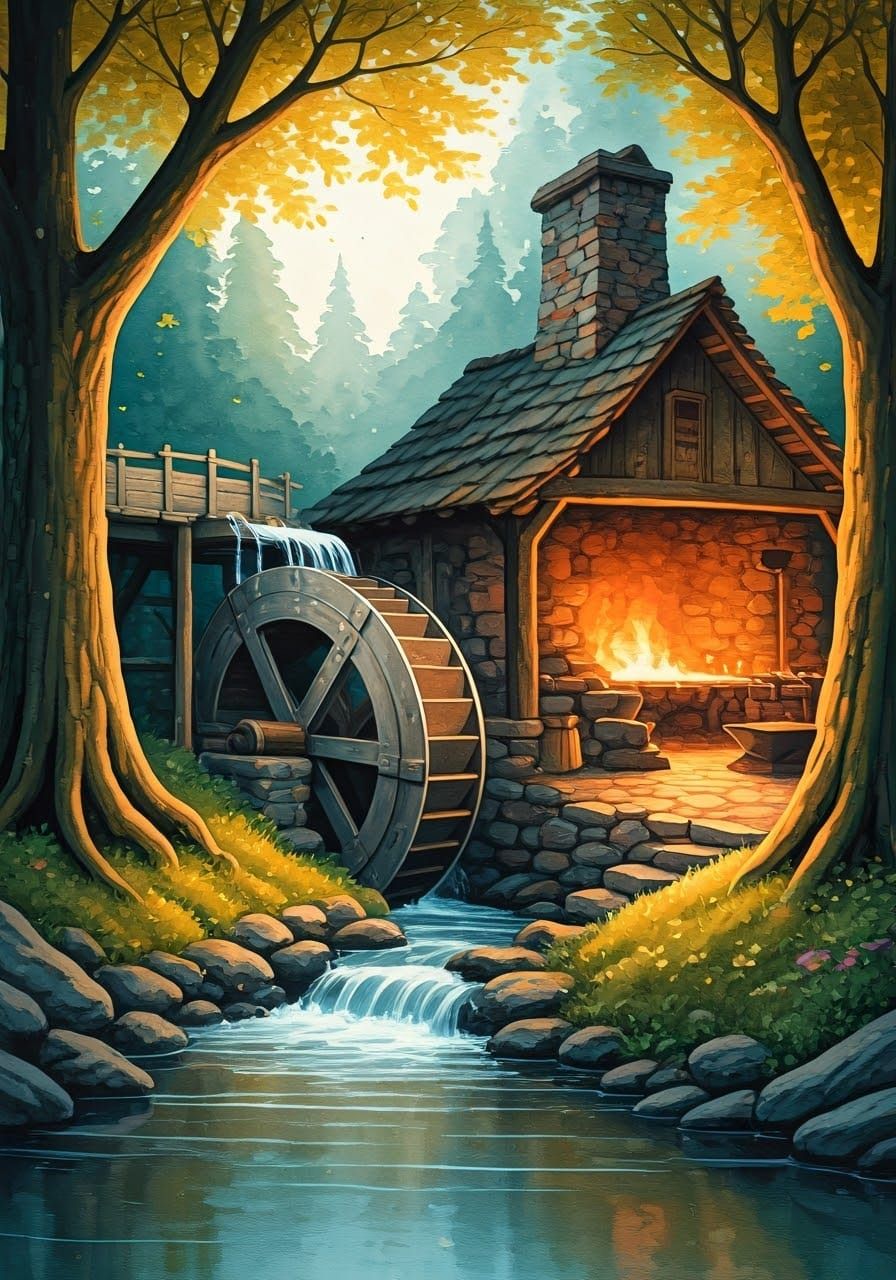 Waterwheel Powers Cozy Forge Scene in Dreamy Watercolor Styl...