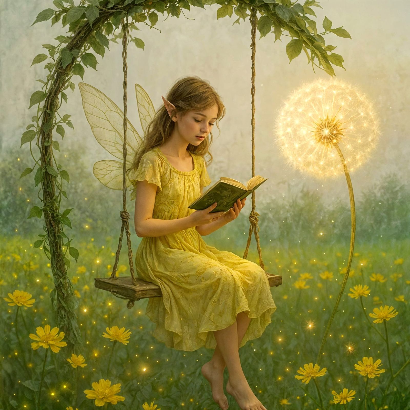 Fairy Reading a Book on Flower Swing