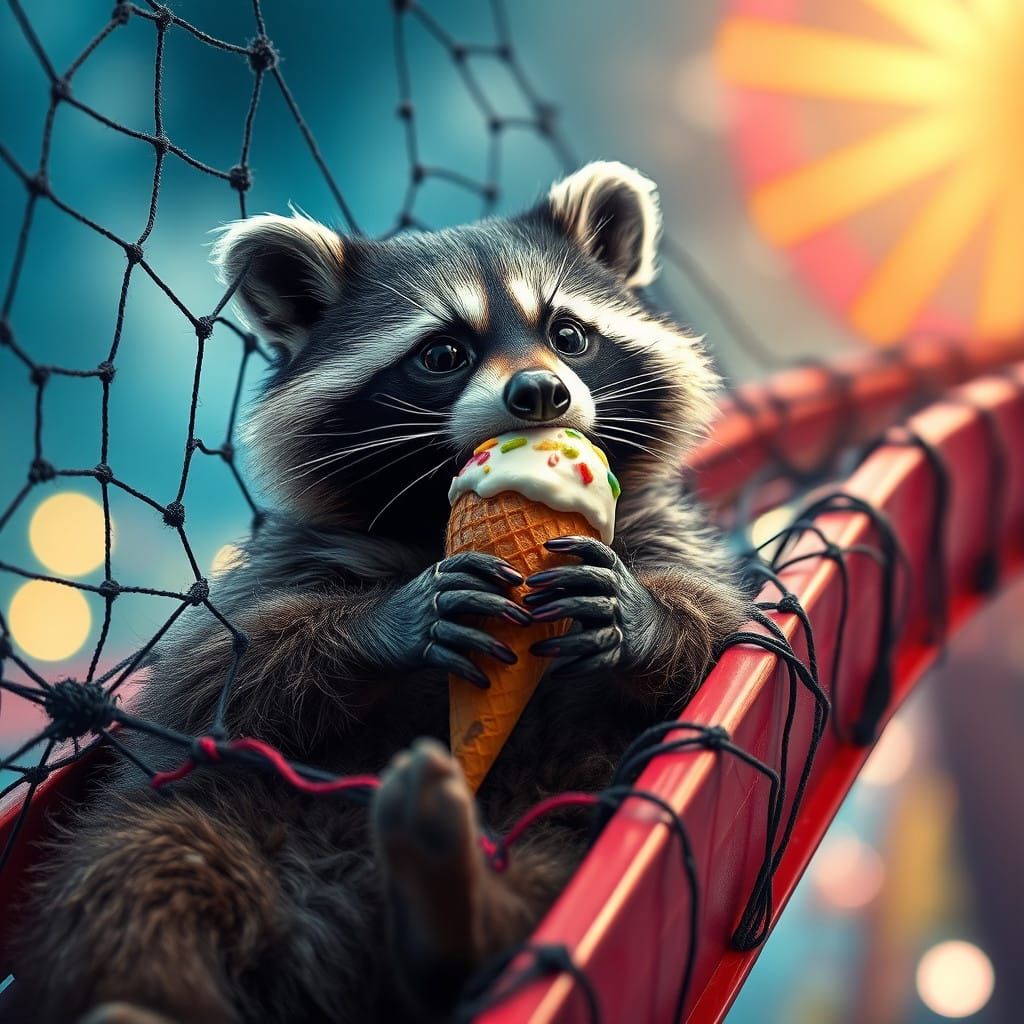 Whimsical Felted Wool Art Depicts Raccoon on Rollercoaster I...