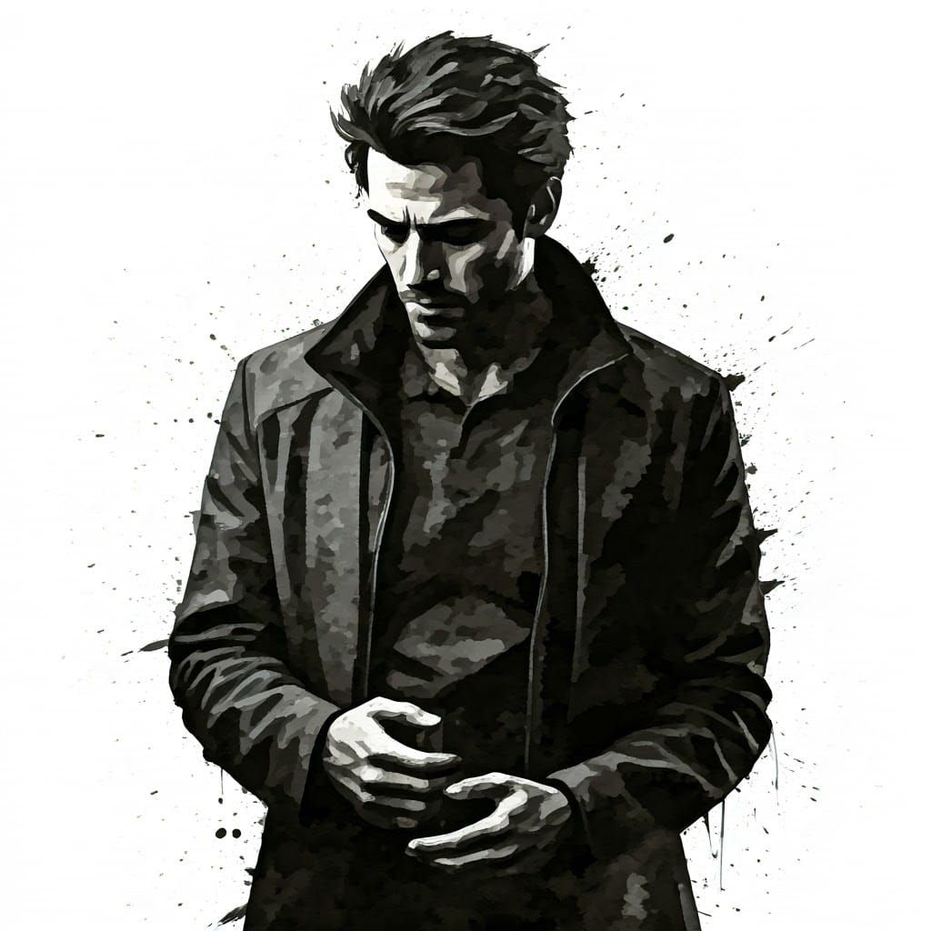 Abstract Expressionist Contemplation in Graphic Black Ink Sp...