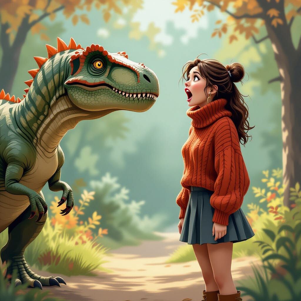 Dinosaur Sniffs Terrified Woman: Expressive Digital Art