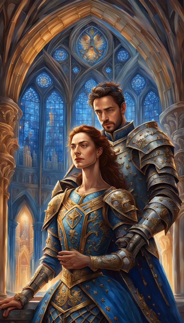 Noble Knight Sings in Gothic Cathedral: Hyperrealistic Portr...