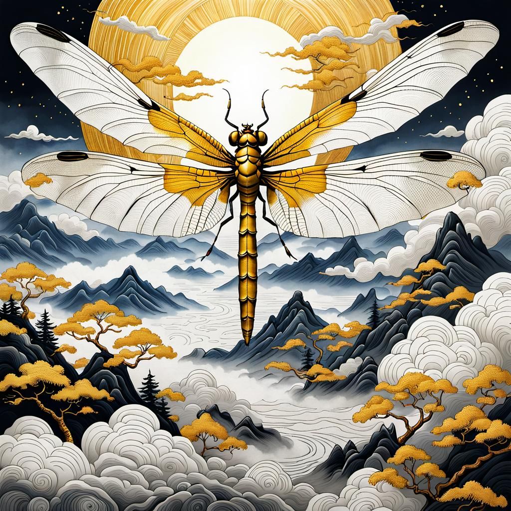 Ethereal Dragonfly in Ukiyo-e Impasto Style