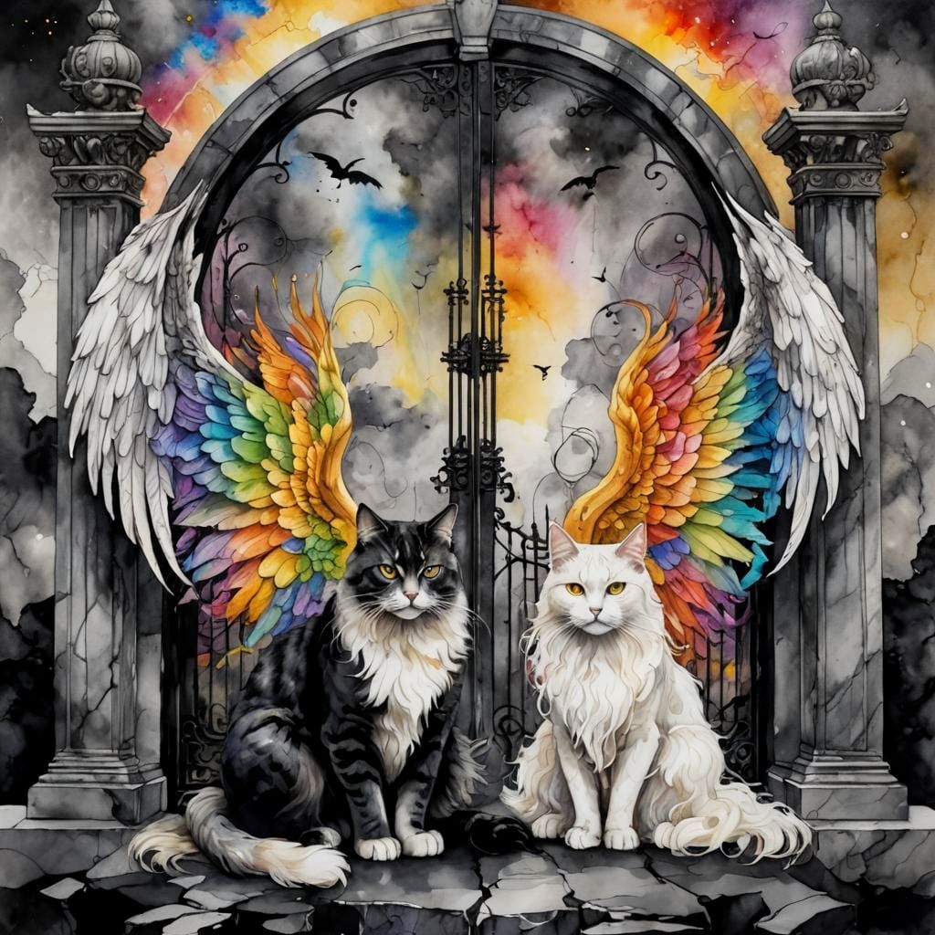 Winged Cats Guard Gothic Man in Rainbow Dress