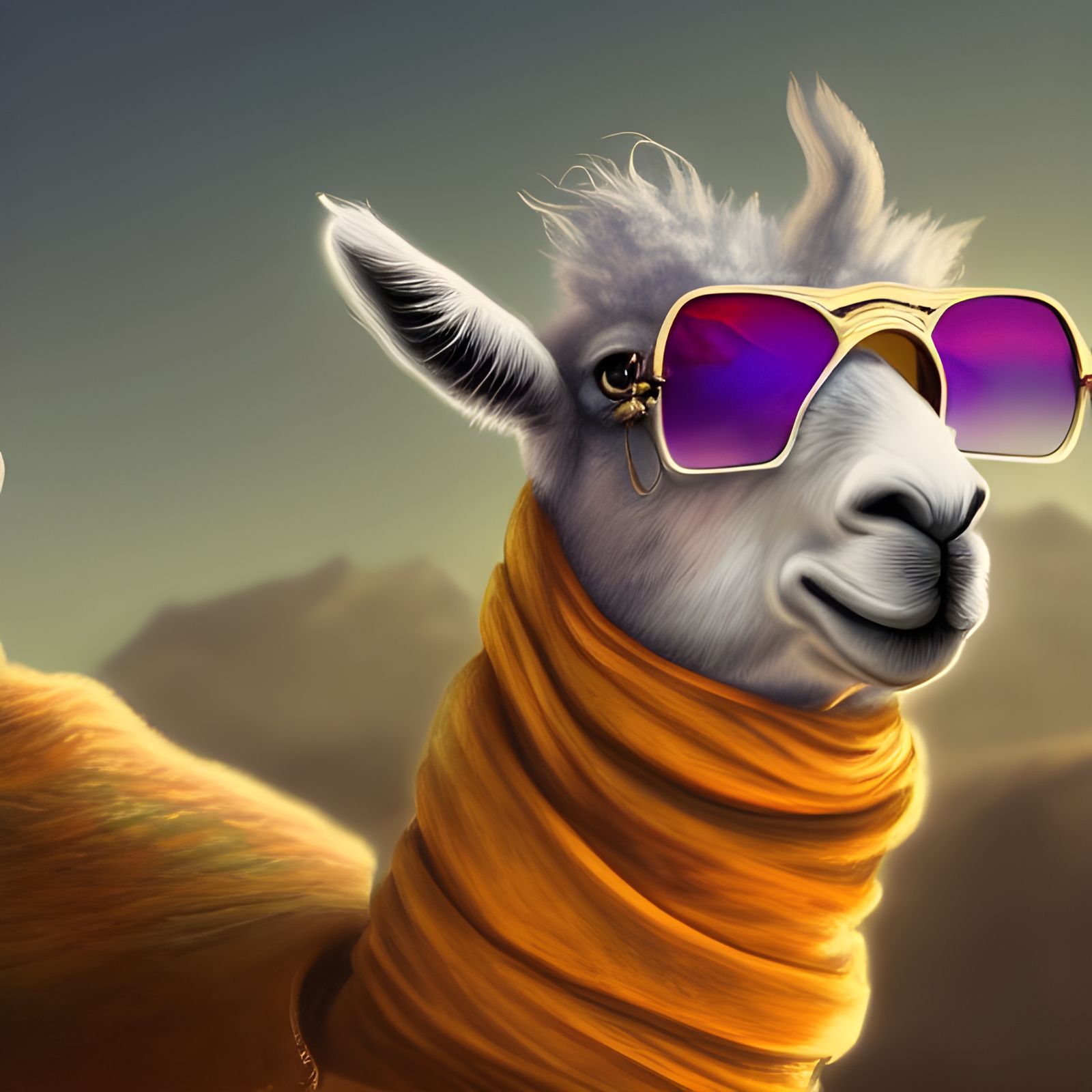 Llama in Scarf and Sunglasses: Fantasy Concept Art
