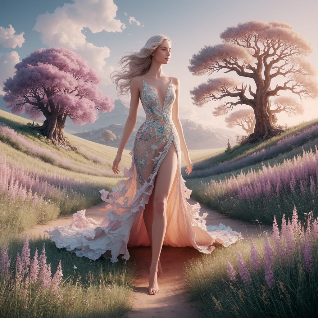 Beautiful Woman Merges with Enchanted Landscape Painting