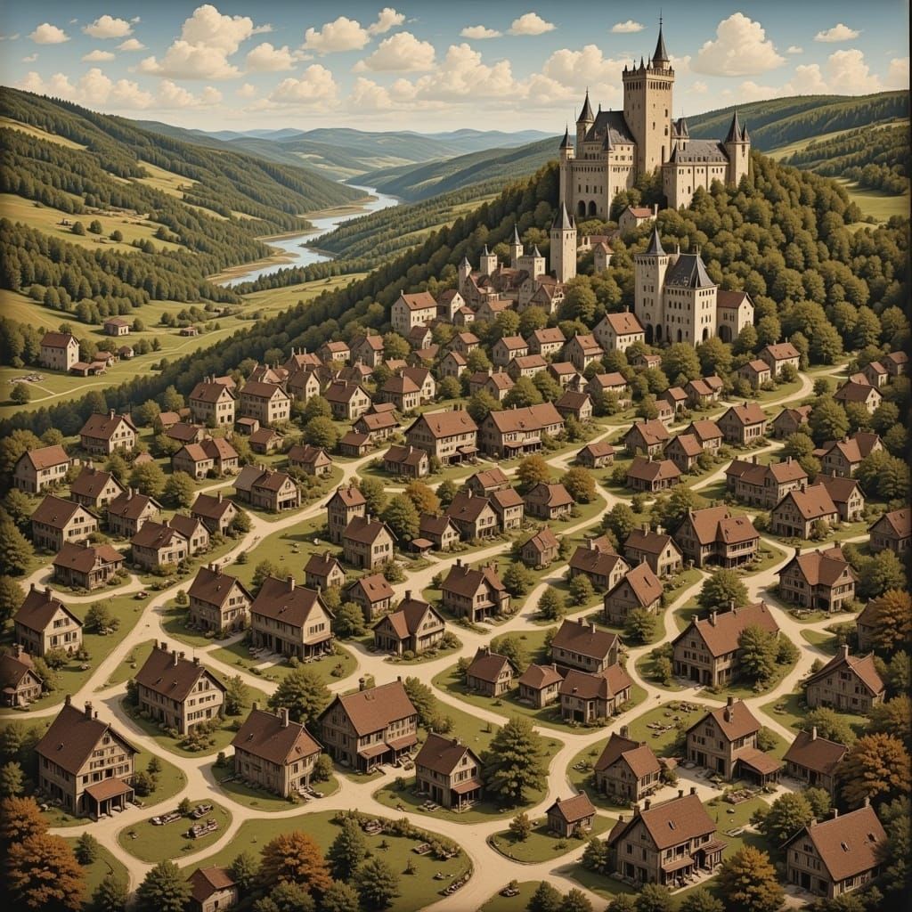 Medieval Tapestry Village Scene in Vibrant Colors