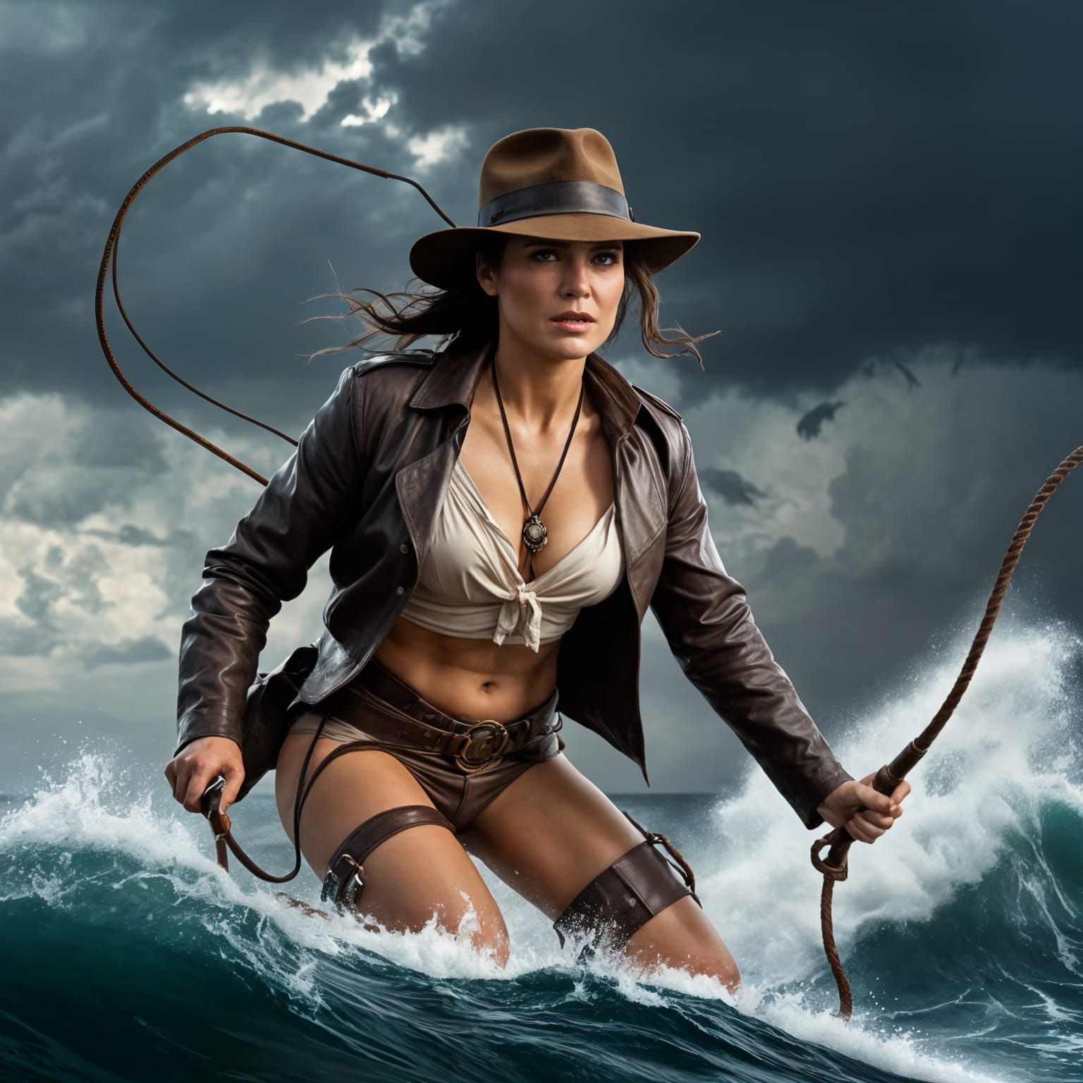 Indiana Jones as a Serbian Woman Riding a Shark in a Violent...