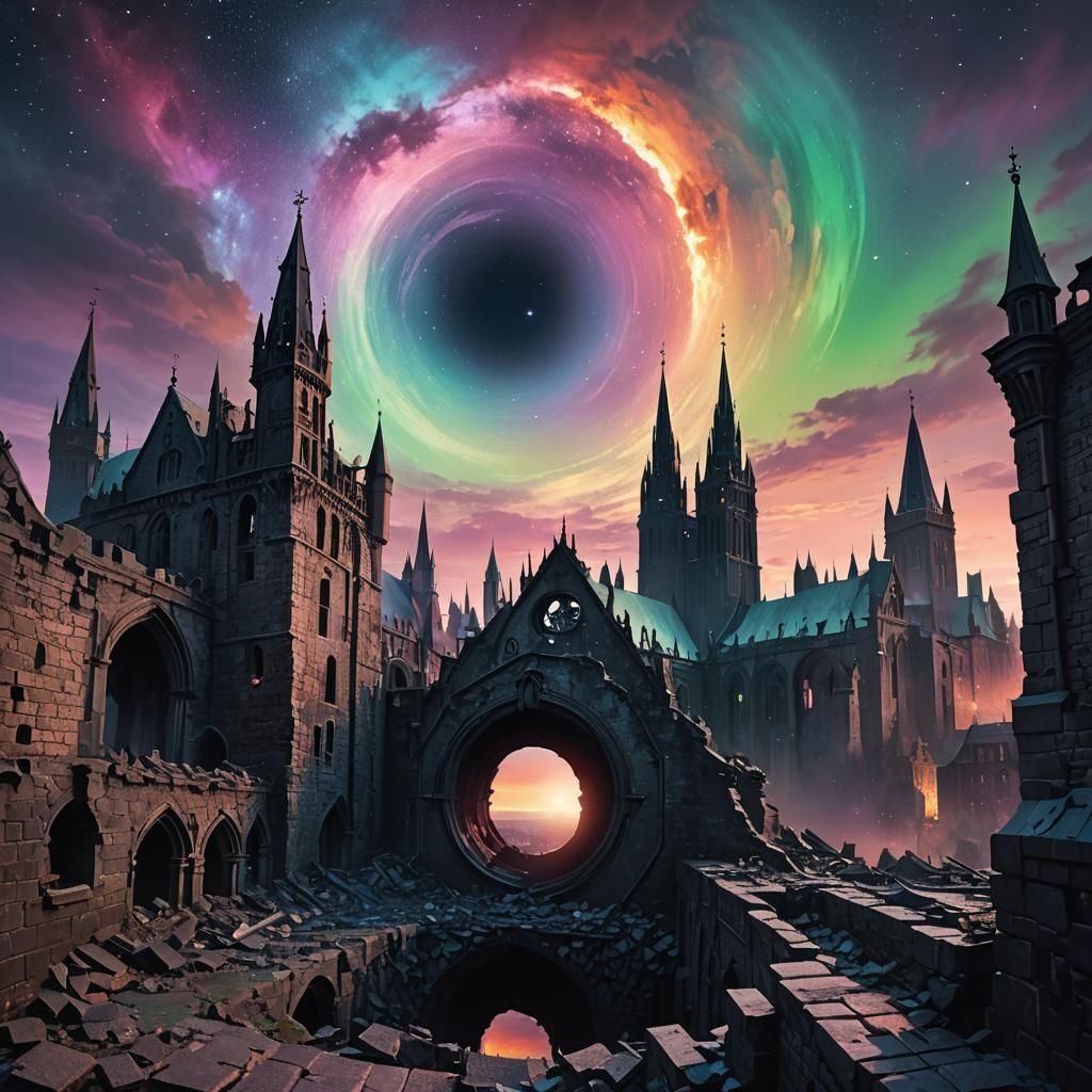 Gothic Black Hole Rises Over Ruined Cityscape
