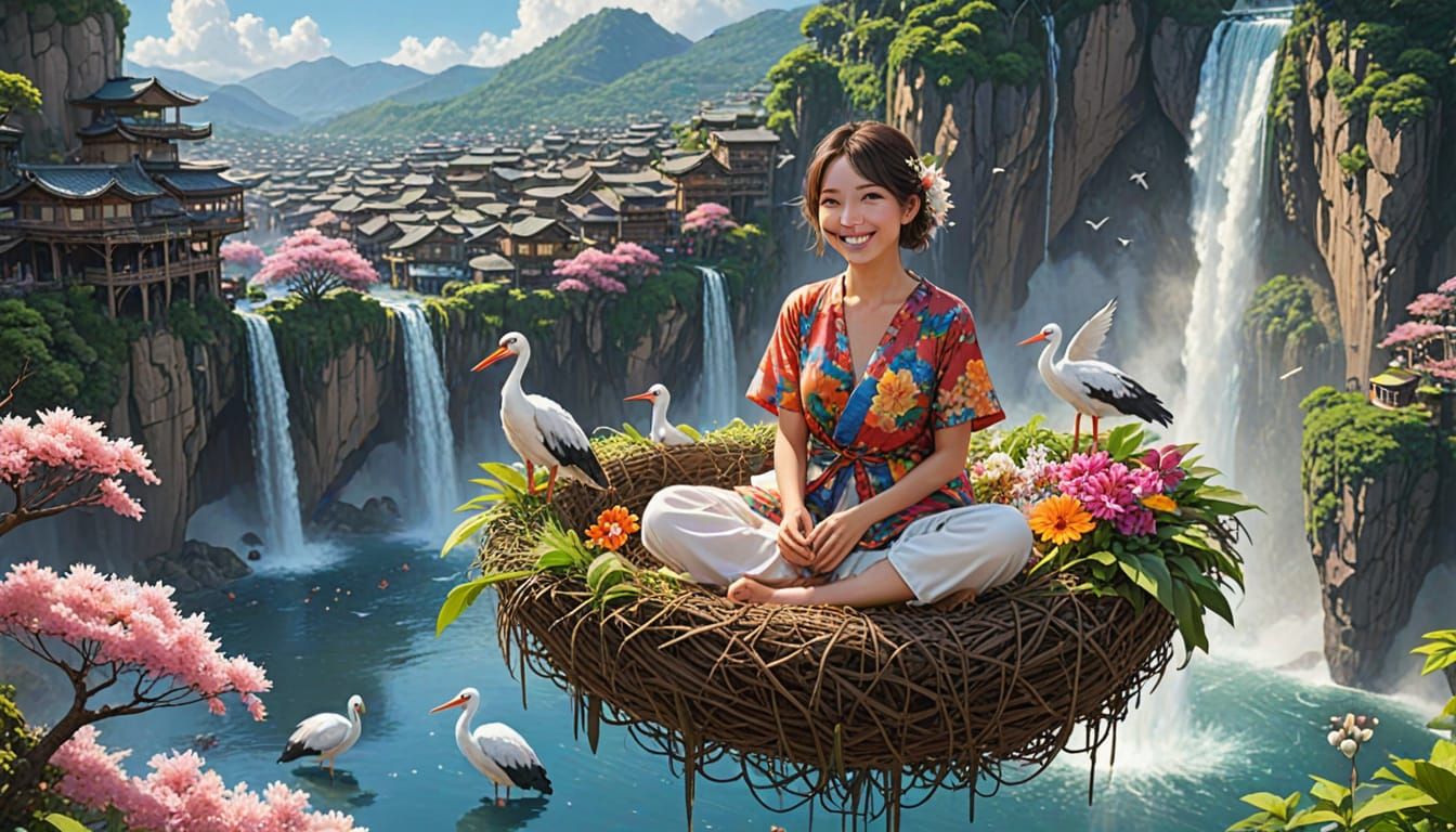 Utopian Japanese Water City with Stork Nests