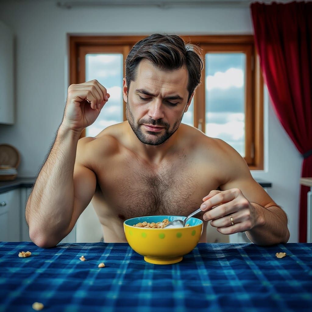 Handsome Man Eating Cornflakes in Kitchen, Photography