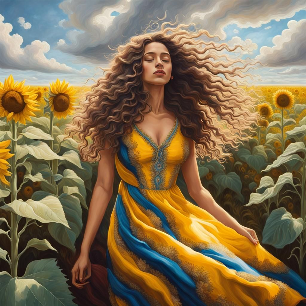 A Painting capturing the essence of tranquility, as a beautiful young lady resting in a sunflower field swaying in the b...