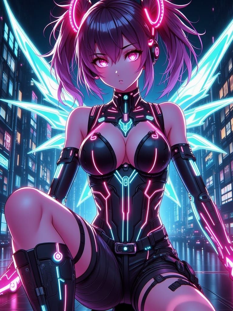 Anime Female winged fairy, (rainbow neon colors 1.5) with cyberpunk background, cute and soft, (punk and streetwear 1.8)...