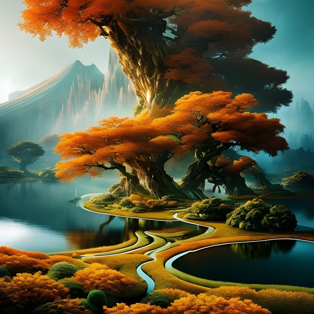 Orange Tree Mountain Lake Landscape in Golden Hour