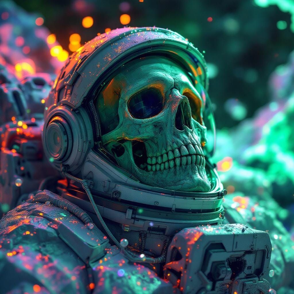 Astronaut's Skeletal Remains in Neon Futurism Style