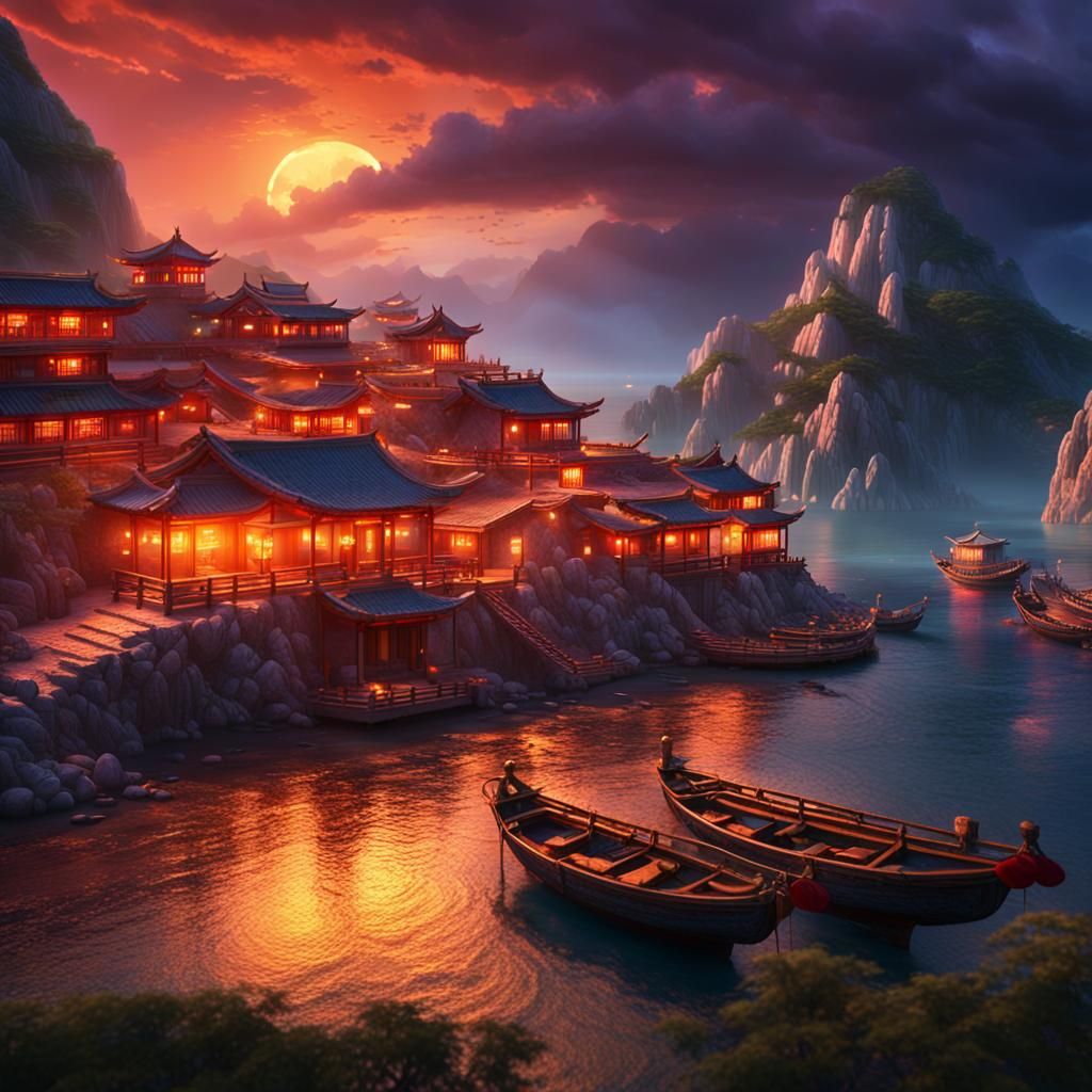 Chinese Coastline at Stormy Sunset in Realistic Art Style